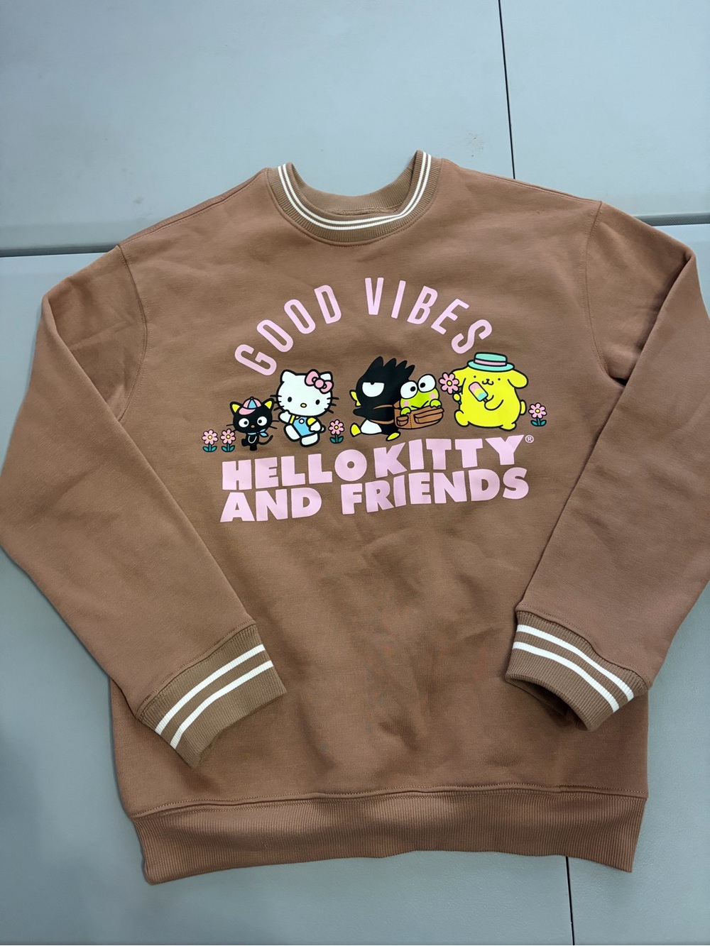 Hello Kitty Brown Sweatshirt with Pink Lettering and Colorful Characters